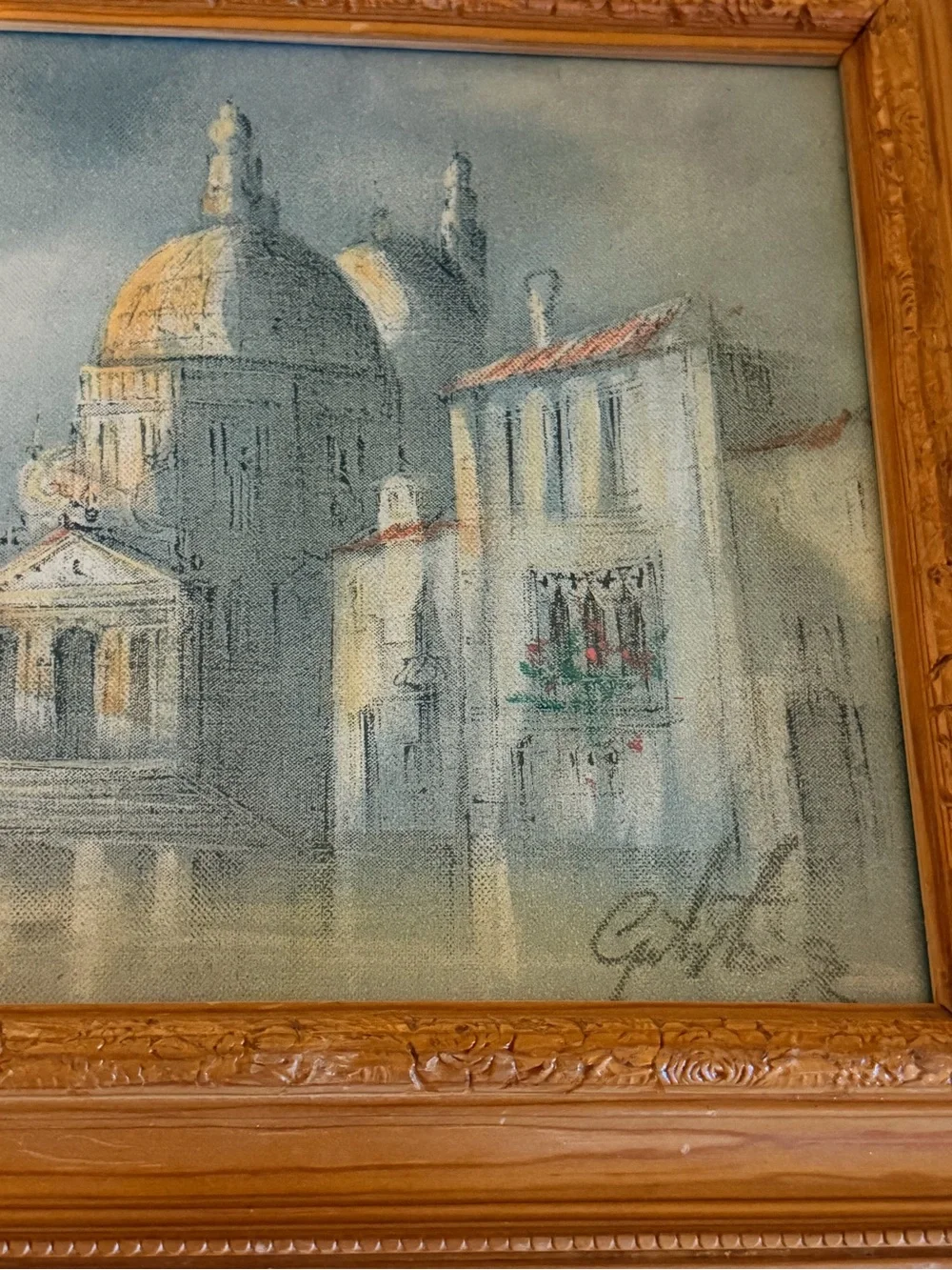 Vintage Framed Venice Canal Wall Art Print Ornate Wood Frame European Landscape